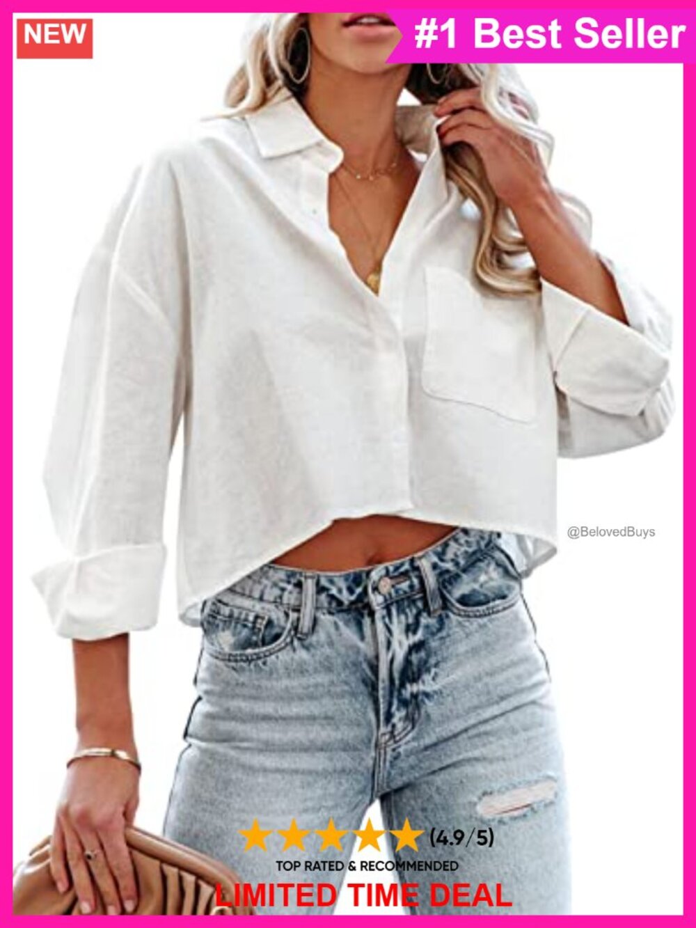 100% Cotton Cropped Button Down Shirt Long Sleeve Collared Blouse
